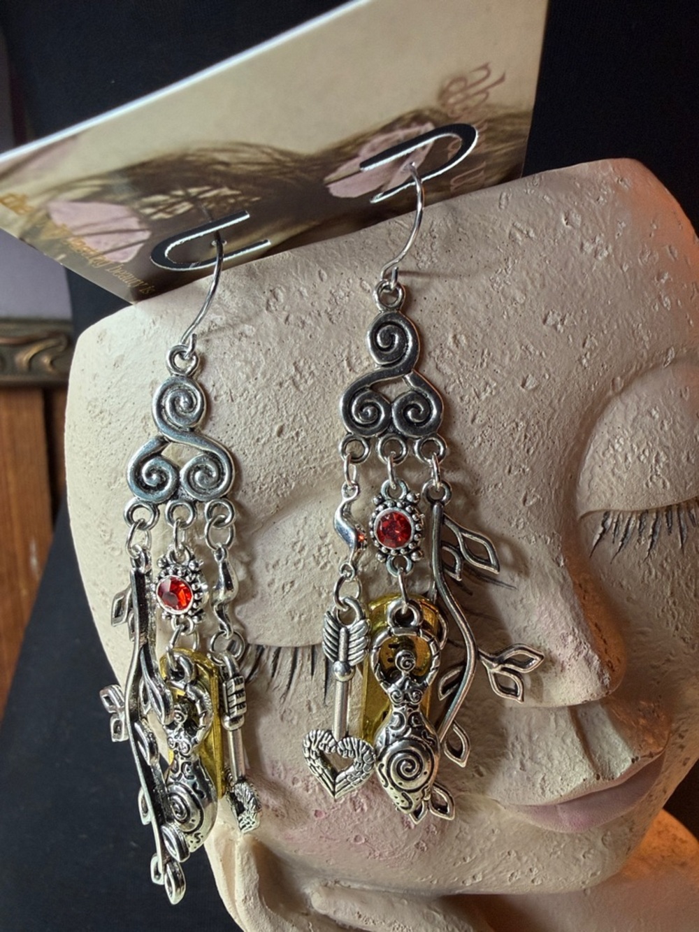 Silver-Tone Dangle Earrings with Red Crystal and Yellow Accents